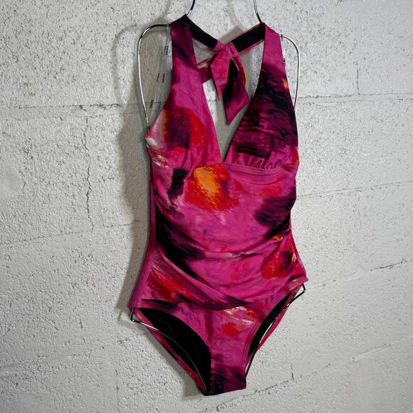Dkny Women's Tie-Back Halter-Style One-Piece Swimsuit - Pink Multi Small $80 - Picture 3 of 11